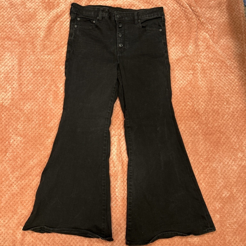 American Eagle Stretch Flare Jeans Black High Rise Button Fly 14 Short Festival